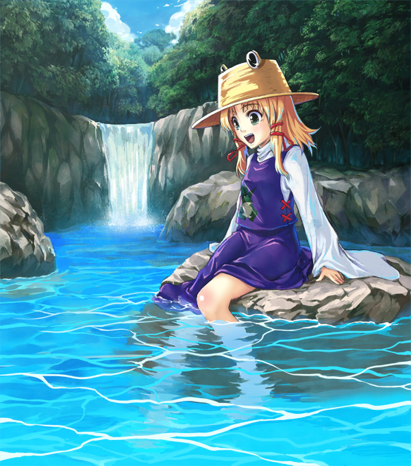 1girl female forest full_body hat moriya_suwako nature outdoors plant river satori satori_(transient_wind) skirt sky solo touhou water waterfall