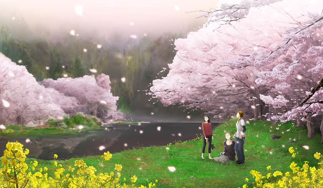 71 cherry_blossoms drunk flower forest glasses grass lake nature petals scenery sitting tree
