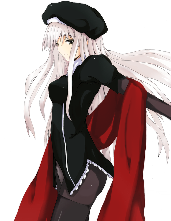 1girl arao bad_id black_hat black_legwear caren_hortensia fate/hollow_ataraxia fate/stay_night fate_(series) hat long_hair pantyhose silver_hair solo white_background yellow_eyes