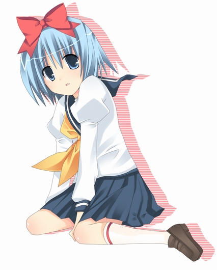 1boy ayasaki_hayate blue_eyes blue_hair bow crossdressinging footwear hair_bow hayate_no_gotoku! juliet_sleeves kneeling loafer long_sleeves male_focus puffy_sleeves school_uniform serafuku short_hair sitting skirt socks solo soranagi_reno trap