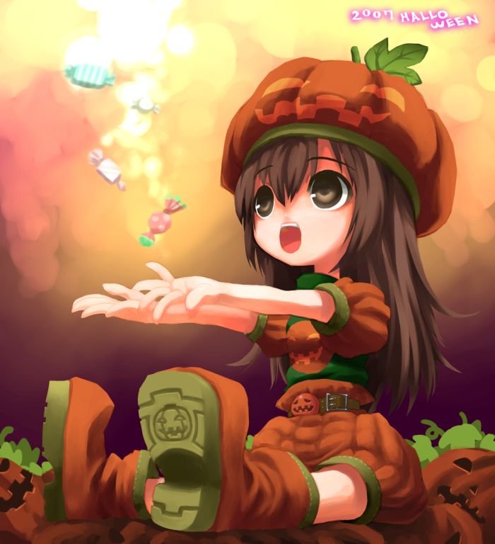 00s 1girl 2007 bad_id belt boots brown_eyes brown_hair candy child food_themed_clothes halloween hat jack-o'-lantern open_mouth puffy_sleeves pumpkin sankaku_(pixi5000) shiden shorts sitting solo