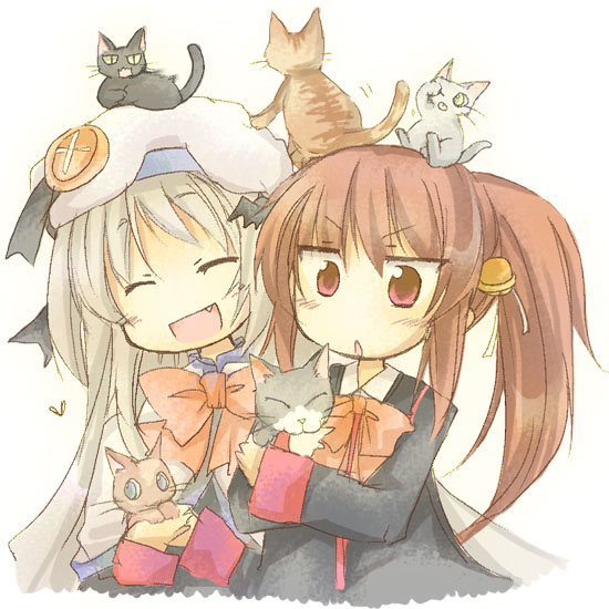 animal animal_on_head bell brown_hair buttons cat cat_on_head closed_eyes fang furui_suguri hat large_buttons little_busters!! long_hair natsume_rin noumi_kudryavka open_mouth ponytail red_eyes silver_hair