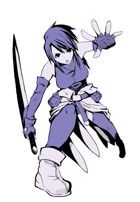 1girl alice_soft angry belt belt_pouch boots clothes_around_waist elbow_gloves fighting_stance fingerless_gloves full_body gloves monochrome open_mouth pastel_chime rindou_saya short_hair simple_background sleeveless solo spread_legs sweater_around_waist sword thigh-highs tsukiyo_rei weapon