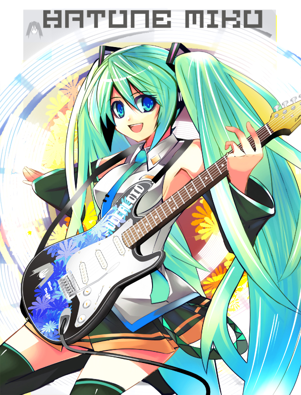 1girl aqua_hair electric_guitar guitar hatsune_miku instrument nira_ika_nai nirai_kanai smile solo tamyura thigh-highs vocaloid zettai_ryouiki