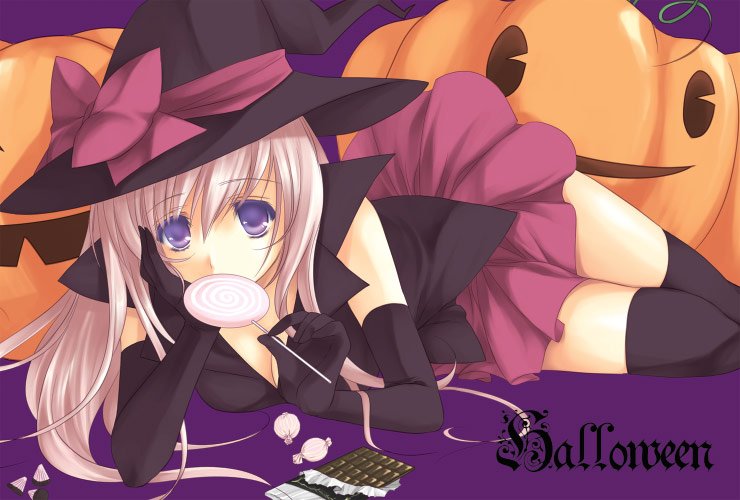 1girl ayase_hazuki candy chocolate halloween hat jack-o'-lantern original pumpkin solo thigh-highs witch_hat