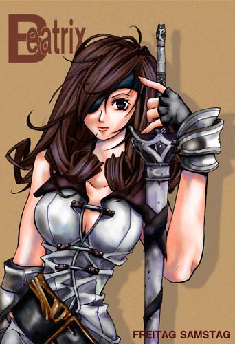 1girl beatrix brown_background brown_eyes brown_hair character_name eyepatch final_fantasy final_fantasy_ix knight lowres solo sword weapon