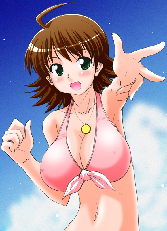 1girl ahoge awakened_miki bikini breasts brown_hair cleavage collarbone foreshortening front-tie_top green_eyes hands hoshii_miki huge_breasts idolmaster jewelry large_breasts navel necklace open_mouth outdoors outstretched_arm outstretched_hand reaching rikumoto_yoshiyuki short_hair sky smile solo swimsuit