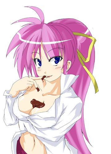 1girl between_breasts blue_eyes blush boshinote breasts chocolate chocolate_on_breasts cleavage licking long_hair looking_at_viewer lowres lyrical_nanoha mahou_shoujo_lyrical_nanoha mahou_shoujo_lyrical_nanoha_a's navel pink_hair ponytail signum simple_background solo very_long_hair white_background