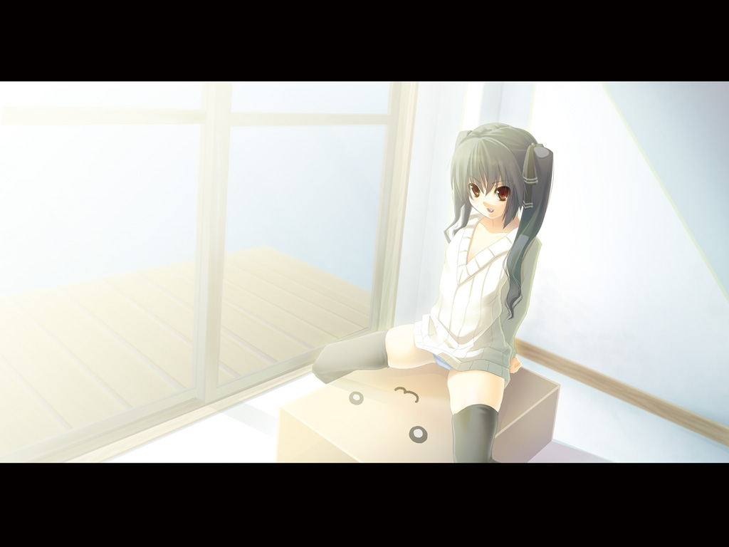 1girl :3 :d black_legwear breasts cleavage day hisagi_hotaru indoors kooh letterboxed long_hair long_sleeves o_o open_mouth pangya pillow side_ponytail small_breasts smile smiley_face solo spread_legs straddling sunlight thigh-highs upright_straddle very_long_hair window zettai_ryouiki