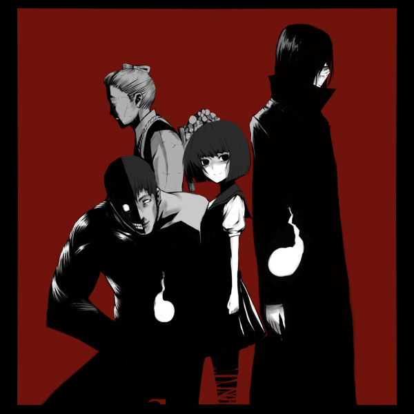 1girl 3boys bob_cut coat hair_over_eyes hitodama japanese_clothes monochrome multiple_boys muscle original red_background short_hair simple_background spot_color standing sugimoto_gang windowboxed