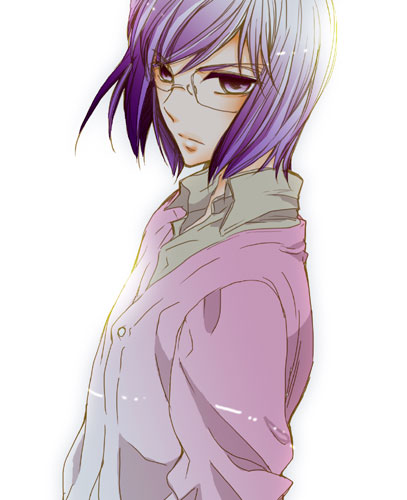 1boy backlighting gundam gundam_00 lowres male_focus popped_collar purple_hair shirt short_hair simple_background solo sucharaka_honpo tieria_erde upper_body violet_eyes white_background