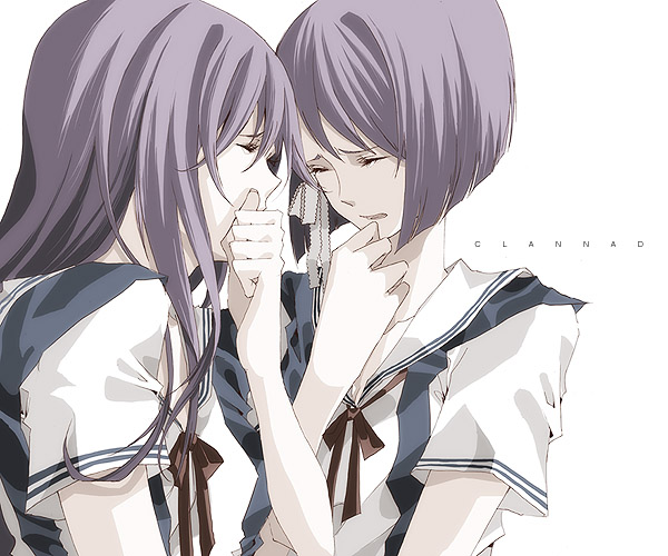 2girls clannad fujibayashi_kyou fujibayashi_ryou multiple_girls sad school_uniform serafuku siblings sisters tears twins