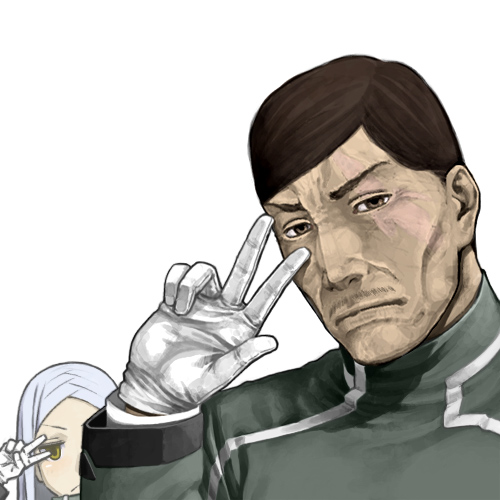 1boy 1girl brown_eyes brown_hair expressionless gloves gundam gundam_00 looking_at_viewer lowres military military_uniform pose salute sergei_smirnov short_hair silver_hair simple_background solo_focus soma_peries uniform very_short_hair white_background white_gloves yoshitaka