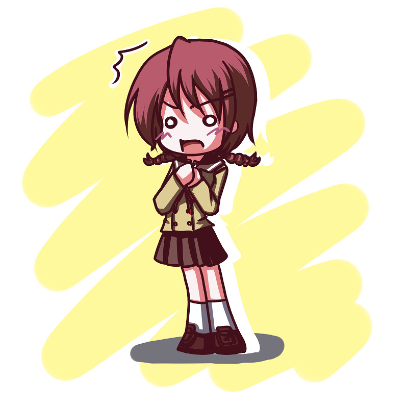 1girl asai_mugi blush braid brown_hair chibi empty_eyes fictional_sister full_body hair_ornament hairclip hands_on_own_chest hitohira kneehighs long_sleeves looking_at_viewer o_o own_hands_together school_uniform shoes simple_background skirt solo standing surprised twin_braids white_legwear yellow_background