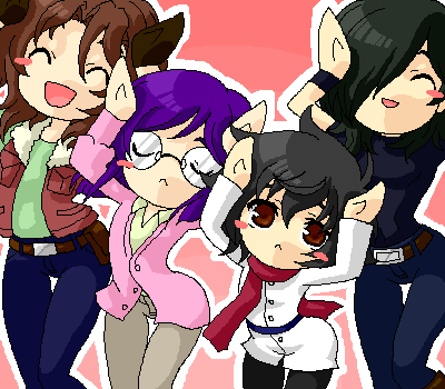 4boys allelujah_haptism caramelldansen glasses gundam gundam_00 lockon_stratos lowres multiple_boys oekaki scarf setsuna_f_seiei tieria_erde