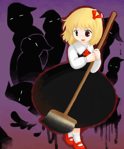 1girl ascot black_dress blonde_hair dress female mary_janes mop oekaki purple_background red_eyes rumia shadow shoes short_hair smile solo the_embodiment_of_scarlet_devil touhou youkai
