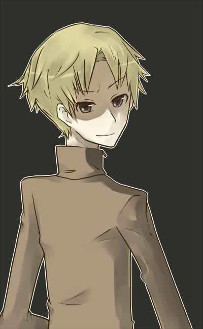 &gt;:) 1boy blonde_hair brown_eyes dark_background fujiwara_(suzumiya_haruhi) long_sleeves looking_back male_focus outline shaded_face simple_background solo suzumiya_haruhi_no_yuuutsu turtleneck