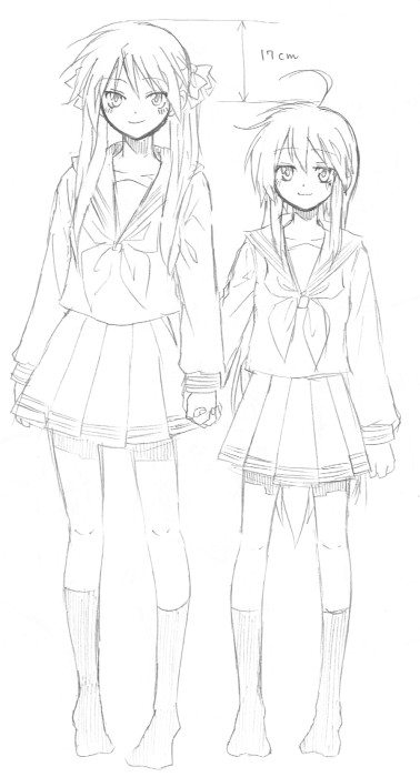2girls height_difference hiiragi_kagami izumi_konata kochoko lucky_star monochrome multiple_girls school_uniform serafuku sketch