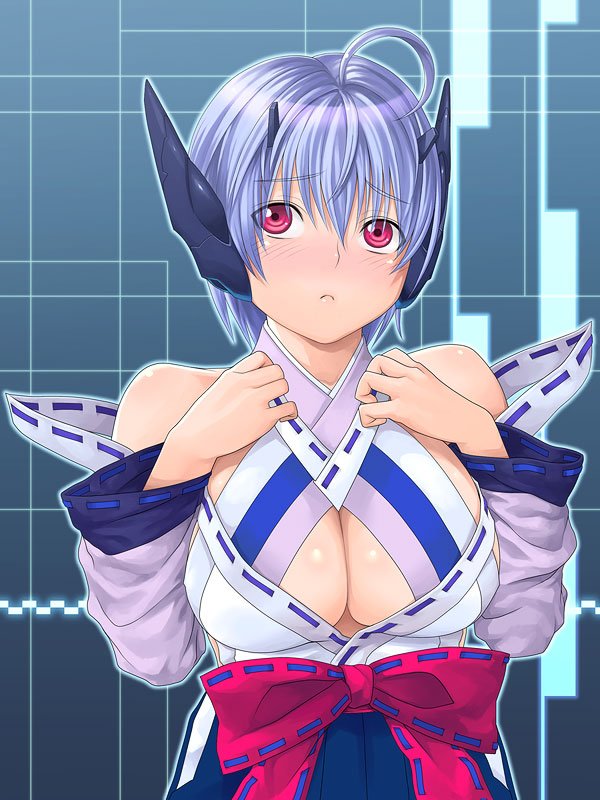 1girl ahoge android bad_id bare_shoulders blue_background blue_hair blush bow breasts cleavage cleavage_cutout embarrassed halterneck hands_on_own_chest huge_breasts japanese_clothes long_sleeves looking_away looking_up nose_blush phantasy_star phantasy_star_universe red_eyes robot_ears short_hair solo upper_body wide_sleeves yuzuriha_(active_homing)