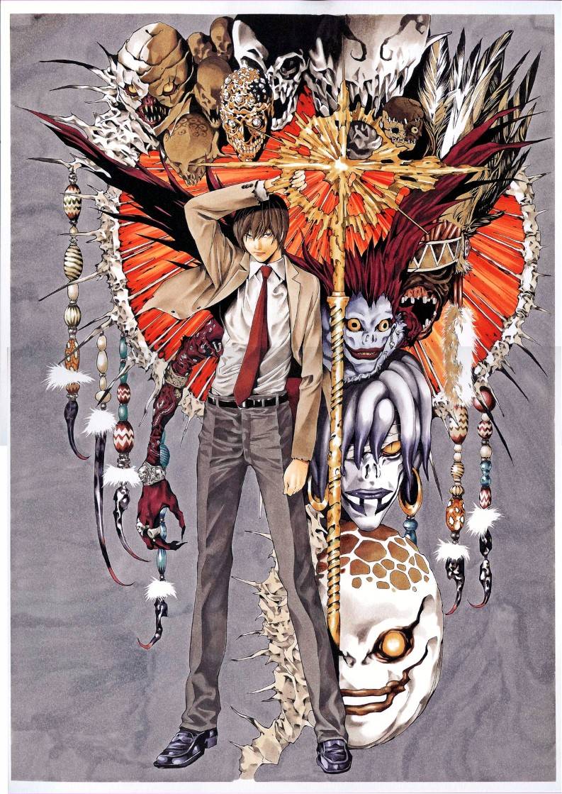 1boy arm_up belt bone brown_hair buckle death_note full_body jacket long_sleeves looking_at_viewer monster necktie open_clothes open_jacket pants red_necktie rem ryuk sharp_teeth shinigami shirt skull standing teeth white_shirt yagami_light