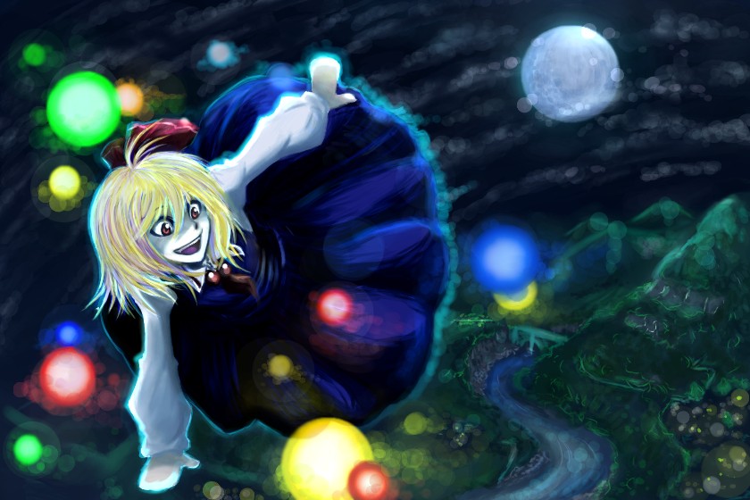 1girl blonde_hair danmaku female full_moon hair_ribbon landscape moon necktie outstretched_arms red_eyes ribbon rumia short_hair solo spread_arms the_embodiment_of_scarlet_devil touhou youkai
