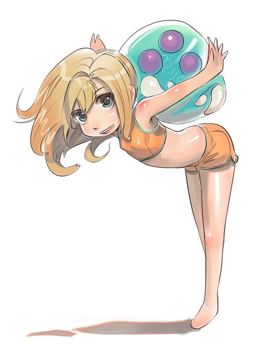 1girl :d alien aqua_eyes armpits bangs bare_shoulders barefoot bent_over blonde_hair body_blush child crop_top fangs flat_chest from_side full_body happy kichin_yarou leaning_forward metroid metroid_(creature) midriff monster nintendo open_mouth orange_shirt outstretched_arms samus_aran shadow shirt short_shorts shorts side_slit small_breasts smile solo spread_arms violet_eyes younger