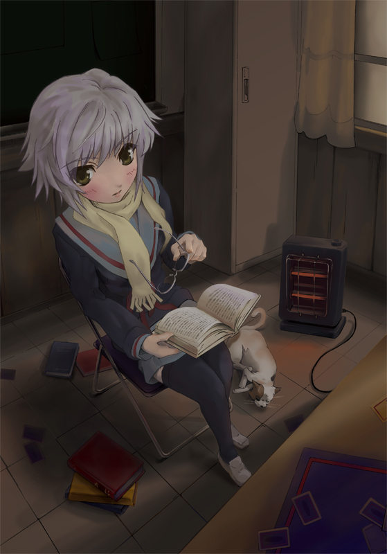 1girl bad_id book cat chair dark folding_chair glasses glasses_removed heater holding holding_glasses locker nagato_yuki open_book scarf school_uniform serafuku sitting solo sumire_(artist) suzumiya_haruhi_no_yuuutsu thigh-highs urabi_(tomatohouse)