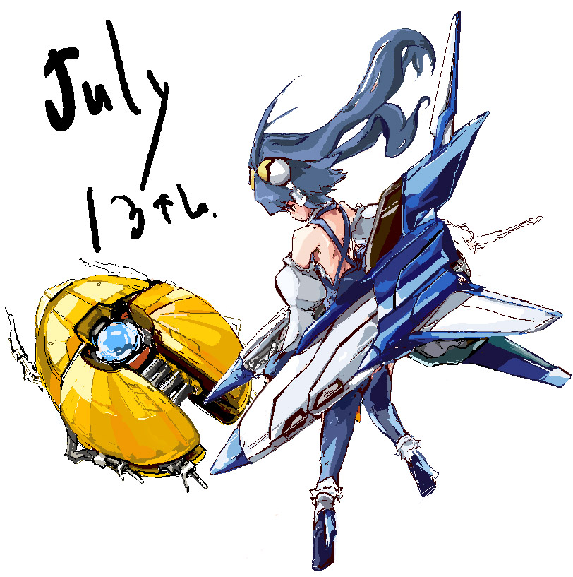 1girl aoba_anoa armor armored_boots bare_shoulders blue_hair boots floating_hair from_side glowing gradius july13th konami long_hair machinery mecha_musume orb otomedius red_eyes simple_background solo space_craft sphere vic_viper white_background wind