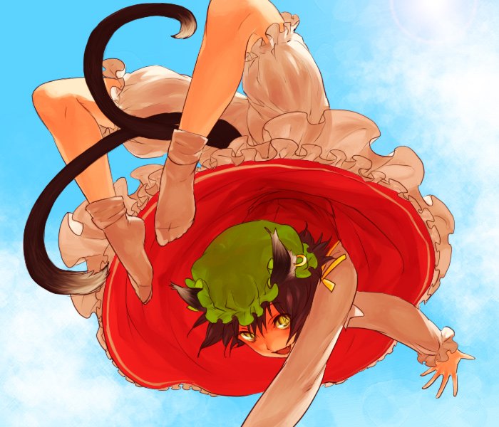 1girl animal_ears bloomers brown_hair cat_ears cat_tail chen earrings egawa_satsuki feet female hat jewelry multiple_tails nekomata no_shoes smile socks solo somersault tail touhou underwear upside-down yellow_eyes