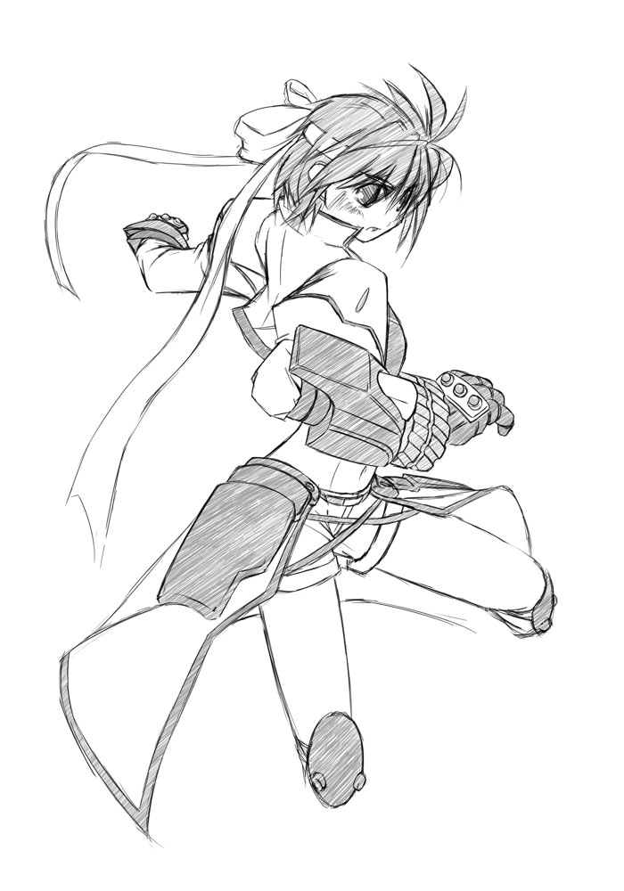 1girl cropped_legs dress fighting_stance gauntlets headband lyrical_nanoha mahou_shoujo_lyrical_nanoha mahou_shoujo_lyrical_nanoha_strikers monochrome outstretched_arm revolver_knuckle short_hair simple_background sketch solo spread_legs standing subaru_nakajima uka white_background