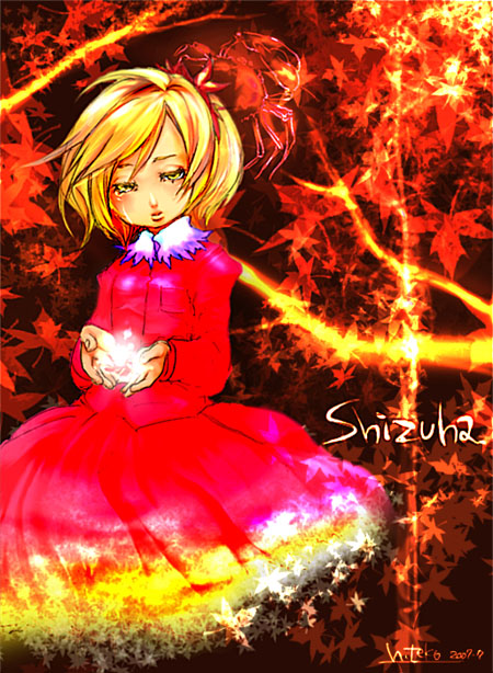 1girl aki_shizuha autumn_leaves blonde_hair blush character_name dress female fire flame glowing leaf long_sleeves magic orb own_hands_together red_dress red_eyes short_hair solo standing touhou