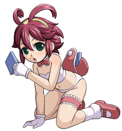 1girl :o all_fours antenna_hair blue_eyes bow bowtie caryo detached_collar frills gloves holding kneehighs leg_garter looking_at_viewer lowres mary_janes midori_boushi midriff navel open_mouth red_bow red_bowtie renkin_san-kyuu_magical_pokaan shoes short_hair solo stomach uma white_gloves white_legwear