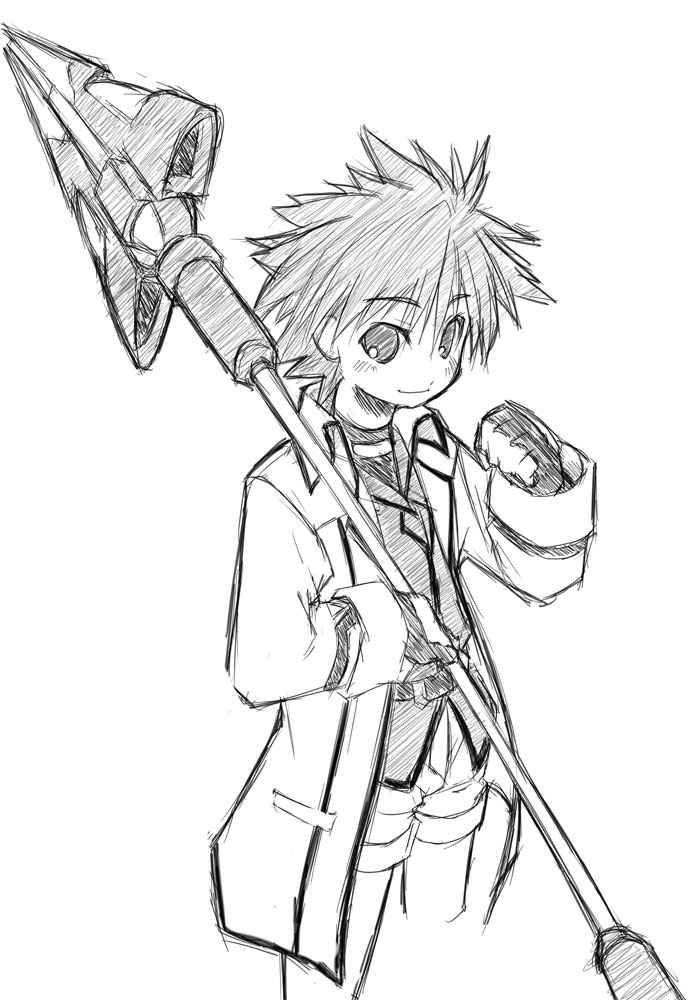 1boy cowboy_shot cropped_legs erio_mondial eyebrows eyebrows_visible_through_hair formal gloves jacket lance long_sleeves looking_at_viewer lyrical_nanoha mahou_shoujo_lyrical_nanoha mahou_shoujo_lyrical_nanoha_strikers male_focus monochrome open_clothes open_jacket pants polearm sketch solo spiky_hair standing strada suit uka uniform weapon