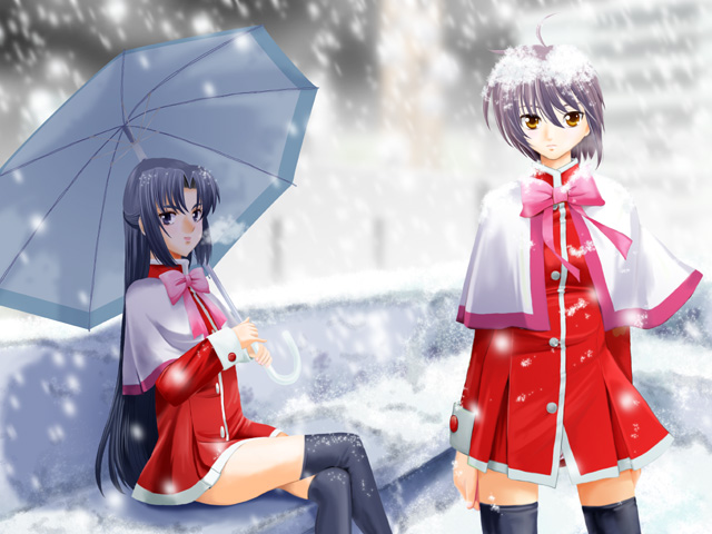 2girls asakura_ryouko capelet company_connection cosplay kanon kyoto_animation multiple_girls nagato_yuki parody red_skirt school_uniform sentape serafuku skirt snow snowing suzumiya_haruhi_no_yuuutsu thigh-highs umbrella