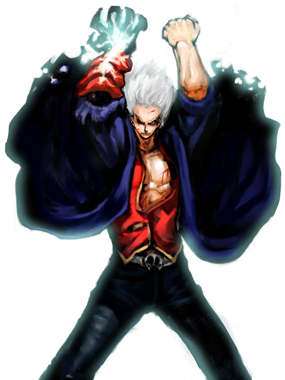 1boy blood blue_eyes capcom devil_bringer devil_may_cry devil_may_cry_4 male_focus nero_(devil_may_cry) solo white_background white_hair