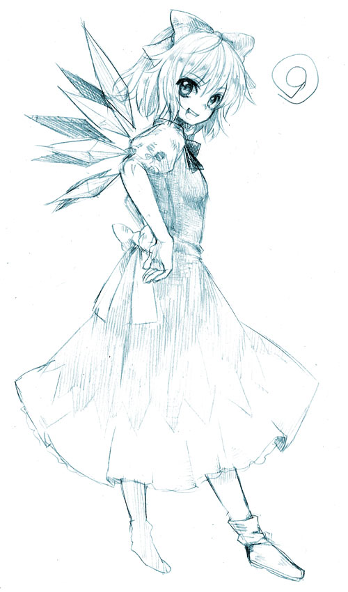 (9) 1girl bow cirno dress female graphite_(medium) hair_bow hands_on_hips looking_at_viewer monochrome phantasmagoria_of_flower_view short_hair smile solo touhou traditional_media usa_(artist) usaki_(ama) wings