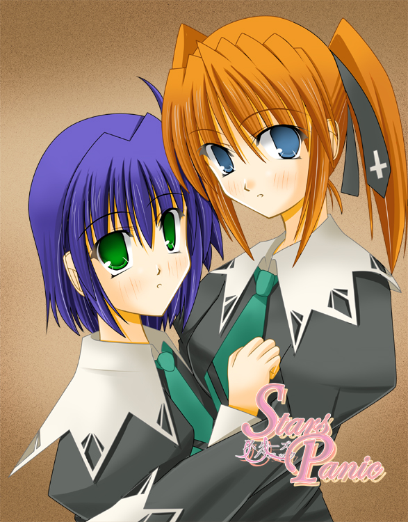 2girls aoi_nagisa bad_anatomy black_dress blue_eyes blue_hair blush brown_background cosplay dress green_eyes green_necktie guatemala long_hair long_sleeves looking_at_viewer lyrical_nanoha mahou_shoujo_lyrical_nanoha mahou_shoujo_lyrical_nanoha_strikers multiple_girls nakahara_mai necktie orange_hair poorly_drawn saitou_chiwa seiyuu_connection short_hair simple_background strawberry_panic! subaru_nakajima teana_lanster tsukidate_chiyo