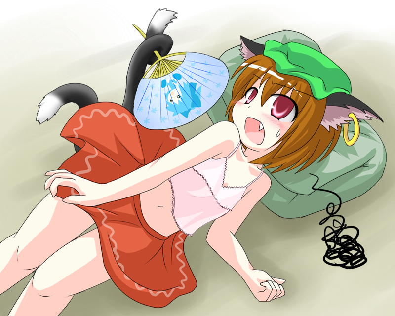 1girl animal_ears brown_hair cat_ears cat_tail chen cirno des earrings fan fang female gradient gradient_background hat jewelry lying multiple_tails navel paper_fan red_eyes short_hair skirt solo squiggle tail tail_hold touhou uchiwa