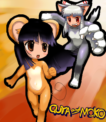 2girls animal_ears bow brown_eyes cat_ears chasing fang female fujiwara_no_mokou hair_bow houraisan_kaguya kemonomimi_mode lowres mouse_ears multiple_girls oekaki parody red_eyes tom_and_jerry touhou