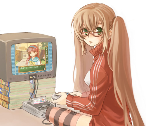 1girl book brown_hair character_request game_console glasses konami long_hair lowres nintendo on_floor original original_character playing_games sitting solo striped striped_legwear super_famicom super_nintendo television thigh-highs tokimeki_memorial twintails very_long_hair video_game yuuryuu_nagare