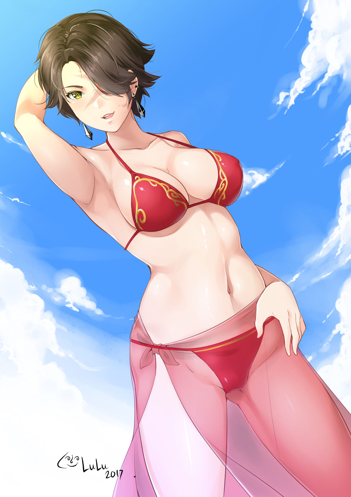 1girl artist_signature bikini black_hair cinder_fall clouds earring facial_scar female lulu-chan92 pareo rwby scar short_hair sky smiling solo swimsuit