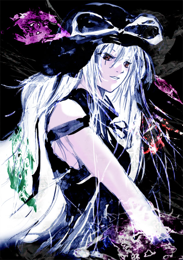 1girl bare_shoulders black_dress dress electricity expressionless female from_side glowing hat looking_at_viewer looking_to_the_side magic parted_lips red_eyes silver_hair sleeveless sleeveless_dress solo tomasu touhou tsurukame witch_hat yakumo_yukari