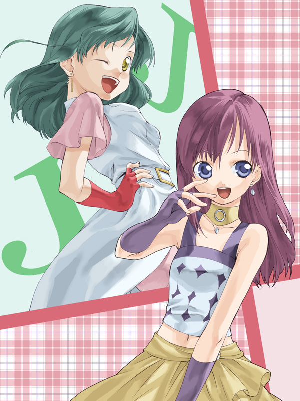 2girls bakugan bakugan_battle_brawlers belt blue_eyes choker dress earrings fingerless_gloves flat_chest gloves green_hair hand_on_hip happy jenny_(bakugan) jewelry jewels_(bakugan) long_hair midriff multiple_girls navel open_mouth plaid purple_hair skirt smile takano_natsuki tank_top wink yellow_eyes