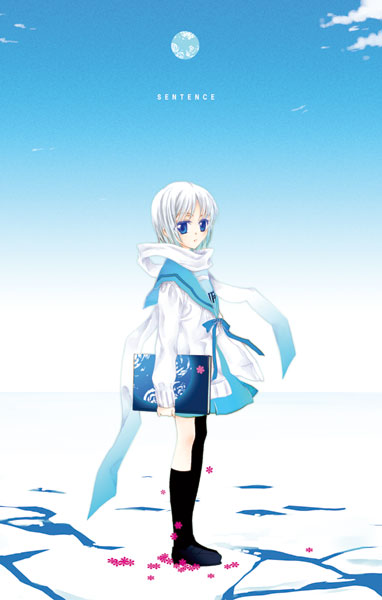 1girl alternate_hair_color arm_at_side bangs black_legwear black_shoes blue blue_bow blue_eyes blue_ribbon blue_skirt blue_sky book bow cardigan carrying_under_arm clouds crack flower from_side full_body gradient gradient_background holding holding_book ice kneehighs long_sleeves looking_at_viewer nagato_yuki outdoors planet ribbon school_uniform serafuku shoes short_hair skirt sky solo standing sucharaka_honpo suzumiya_haruhi_no_yuuutsu text water white_hair