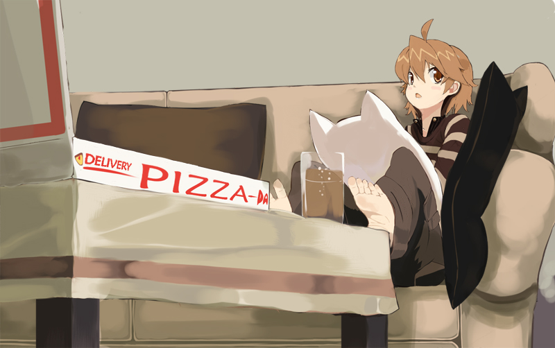 ahoge bad_id barefoot couch feet food from_below glass original pizza shiromiso striped