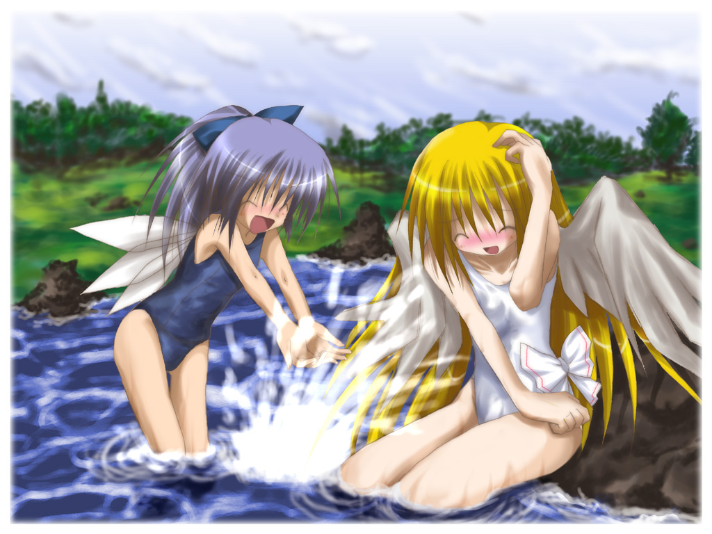 2girls cirno female izumi_yukiru lily_white multiple_girls one-piece_swimsuit swimsuit touhou