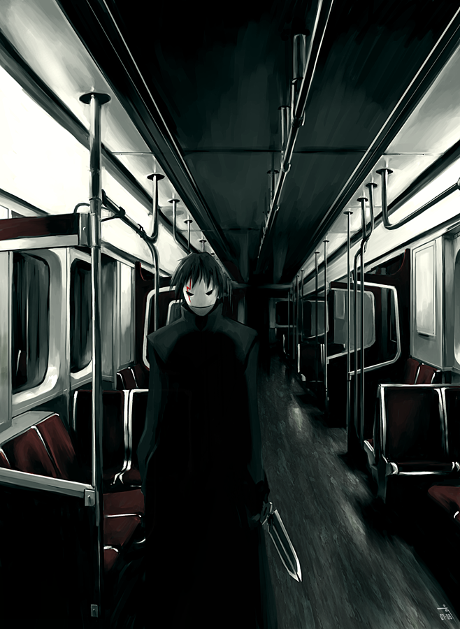 1boy archlich darker_than_black ground_vehicle hei knife male_focus mask solo subway train train_interior vanishing_point