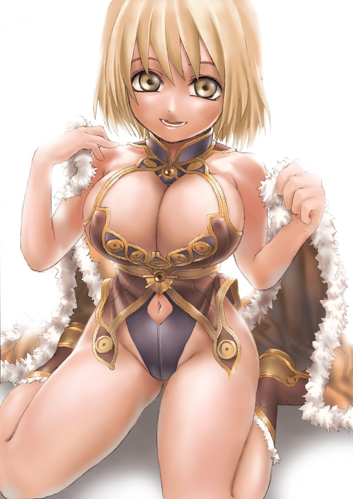 1girl asanagi blonde_hair breasts brown_eyes cleavage huge_breasts large_breasts looking_at_viewer navel navel_cutout open_mouth ragnarok_online short_hair sitting solo wariza white_background wizard wizard_(ragnarok_online)