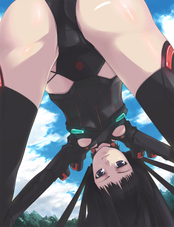 1girl ar_tonelico ar_tonelico_ii armor ass bangs black_hair black_legwear bodysuit breastplate breasts clouds crotch day dutch_angle floating_hair from_behind from_below gust hands_on_knees hands_on_own_knees highleg highleg_leotard hijiri jakuri legs_apart leotard light_smile looking_at_viewer looking_back looking_through_legs outdoors outstretched_arms pauldrons porori sky small_breasts smile solo striped thigh-highs top-down_bottom-up tree under_boob underboob_cutout upside-down vertical_stripes violet_eyes