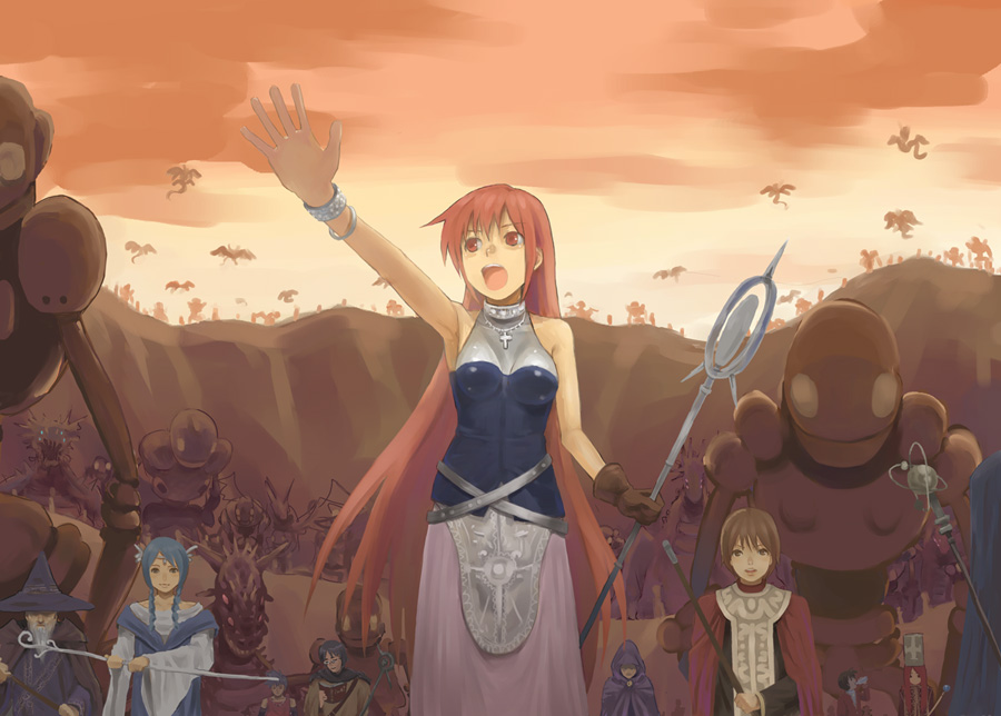4girls 5boys :d armpits bare_shoulders blue_dress blue_hair bracelet braid clouds dress eyebrows eyebrows_visible_through_hair hat hino_hikaru holding holding_weapon jewelry long_hair looking_at_viewer monster multiple_boys multiple_girls open_mouth orange_sky outdoors outstretched_arm pixiv pixiv_fantasia pixiv_fantasia_1 polearm red_eyes short_hair sky smile spear staff standing sunset twin_braids very_long_hair wand waving weapon wizard wizard_hat